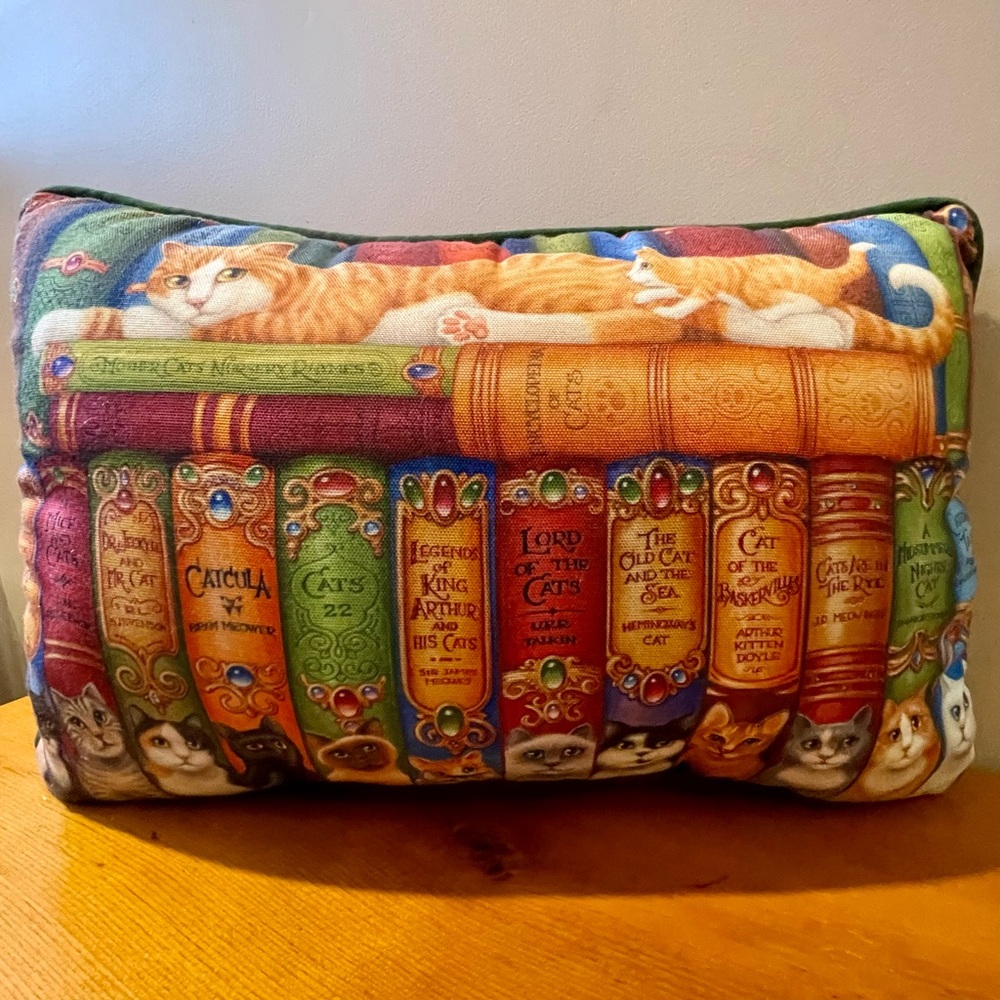 Humorous Whimsical Vibrant Cats and Library Books Decorative Pillow - Picture 2 of 10